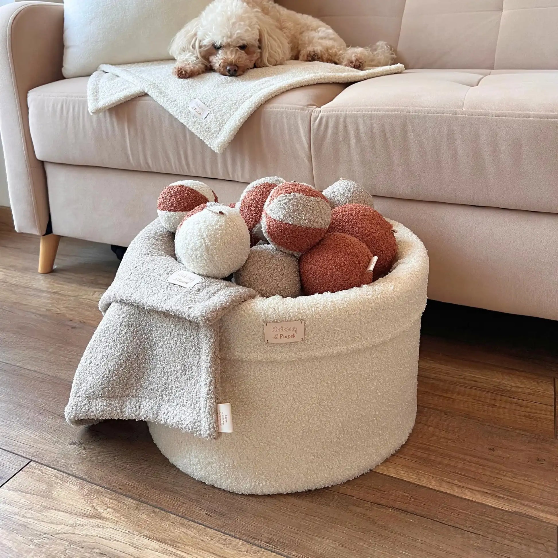 Miękki kosz na zabawki dla psa. Usztywniony pianką tapicerską. Uszyty z tkaniny boucle w kolorze chałwa (kremowy) wypełniony piłeczkami w kolorach kremowo brązowych. Kosz stoi obok kanapy w salonie, na kanapie leży piesek.