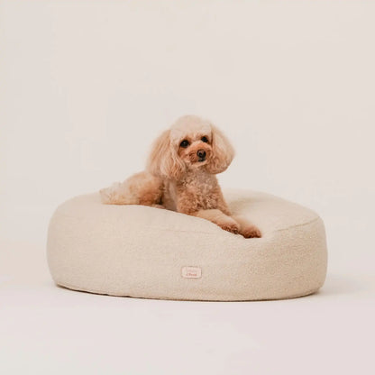 Piesek, rasy pudel leży na miękkim legowisku dla psa (pufa dla psa) w kolorze chałwa (kremowy), która znajduje się na jasnym, czystym tle. Nowoczesna, wysokiej jakości tkanina boucle z certyfikatami bezpieczeństwa.