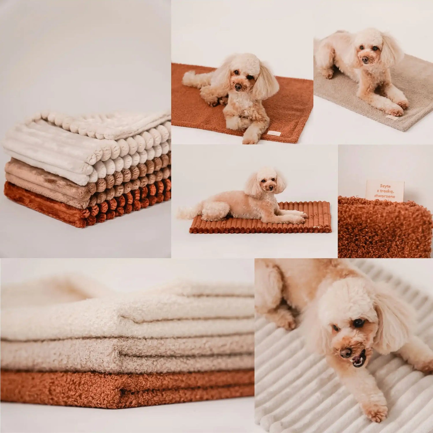 Kolaż zdjęć z kocami dla psa. Z tkaniny boucle w kolorze nugat (rudo-brązowy), chałwa (kremowy) i pralinka (jasny brąz) oraz z tkaniny welurowej w prążki w kolorze beza (jasny beż), ciasteczko (brązowy) oraz cynamonek (rudy brąz). Na kilku zdjęciach jest piesek - pudel miniaturowy w kolorze apricot. Widoczna metka z logo. Jasne, czyste tło.