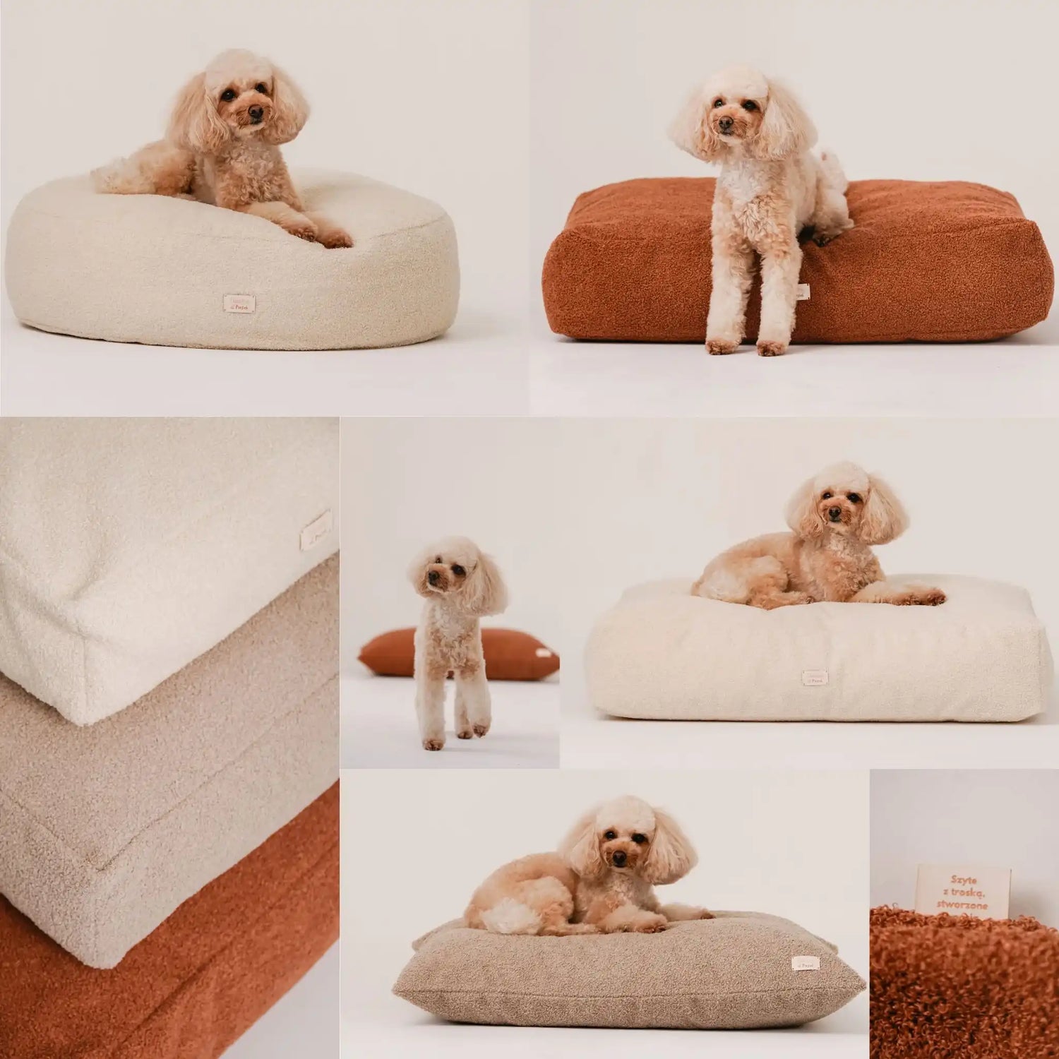 Kolaż legowisk z tkaniny boucle w kolorze nugat (rudo-brązowy), chałwa (kremowy) i pralinka (jasny brąz). Na większości zdjęc jest piesek - pudel miniaturowy w kolorze apricot. Widoczna metka z logo. Jasne, czyste tło.