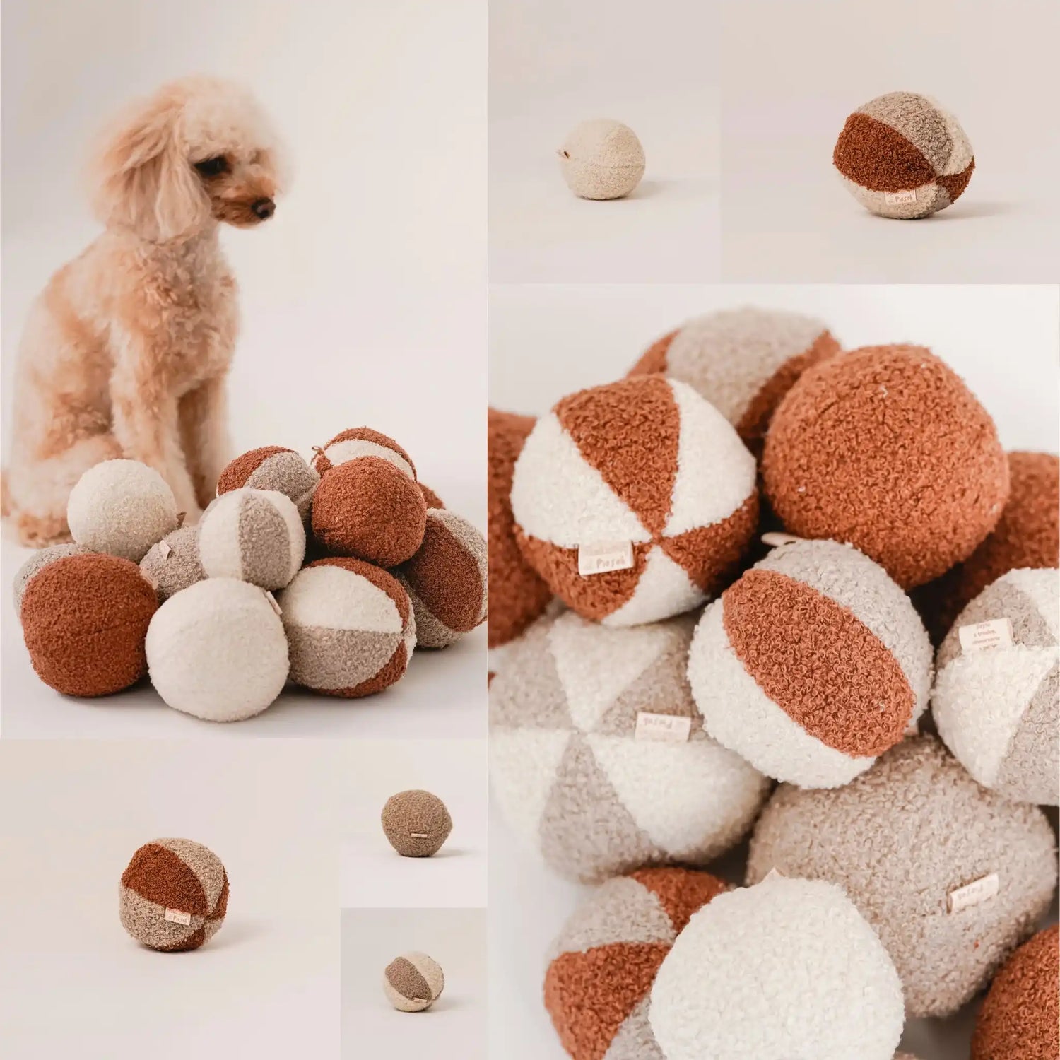 Kolaż zdjęć piłek dla psa z tkaniny boucle w kolorze nugat (rudo-brązowy), chałwa (kremowy) i pralinka (jasny brąz). Na jednym zdjęciu jest piesek - pudel miniaturowy w kolorze apricot. Jasne, czyste tło.